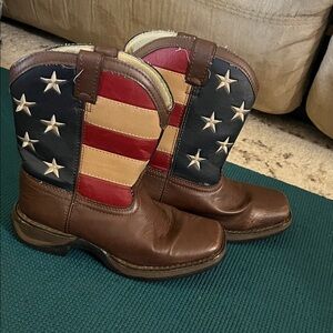 Durango Kids Brown Western Boots with Red, Cream & Navy Flag Design